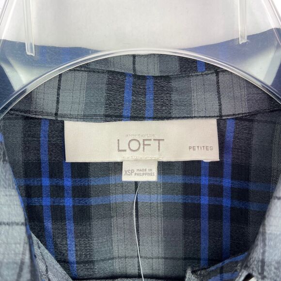 Ann Taylor Loft Plaid Gingham Blue Grey Rhinestone Button Down Shirt Petites XSP - Picture 6 of 10